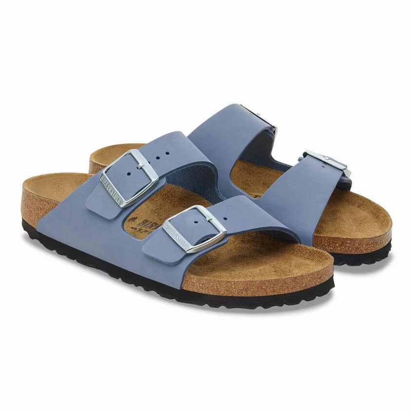 Versatile Lifestyle Slides Minimal Comfort Sandals Birkenstock Women's Nubuck Leather Arizona Sandal - Stone Blue