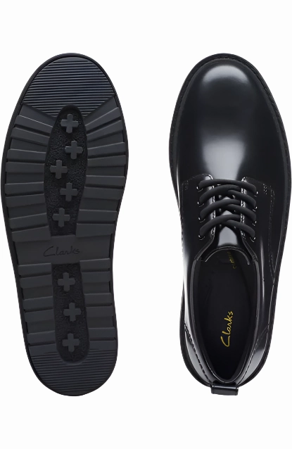 On Trend Shiny Tone Clarks Women's Orianna Derby Shoes - Black