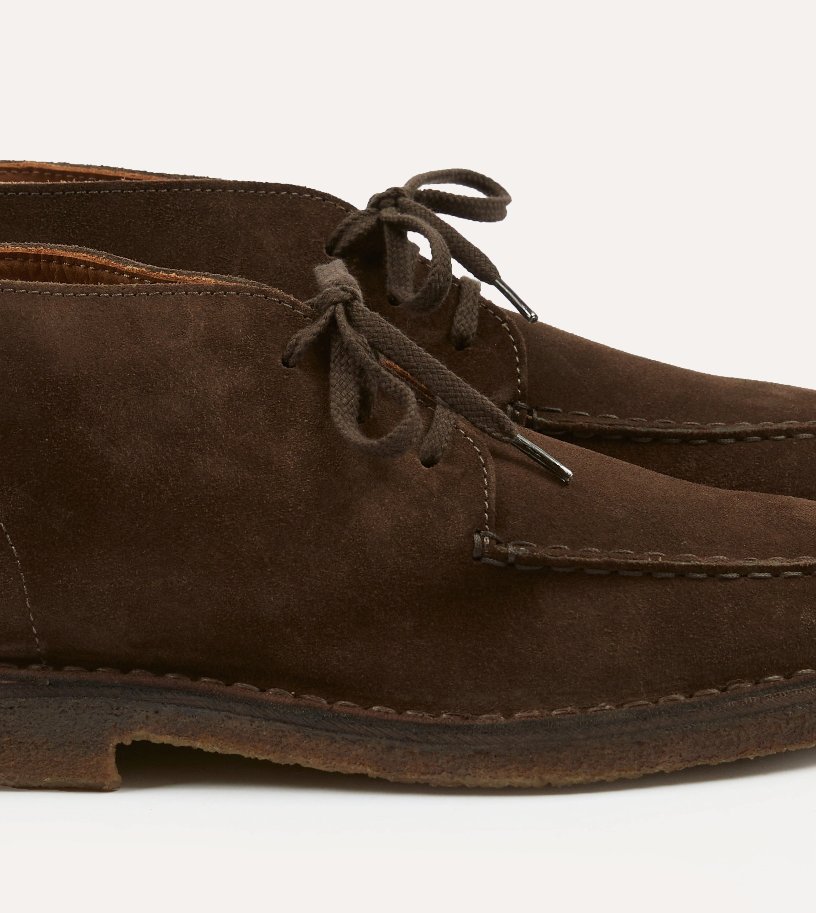 Crosby Moc-Toe Chukka Boot Brown Suede Even Step Matte Trim