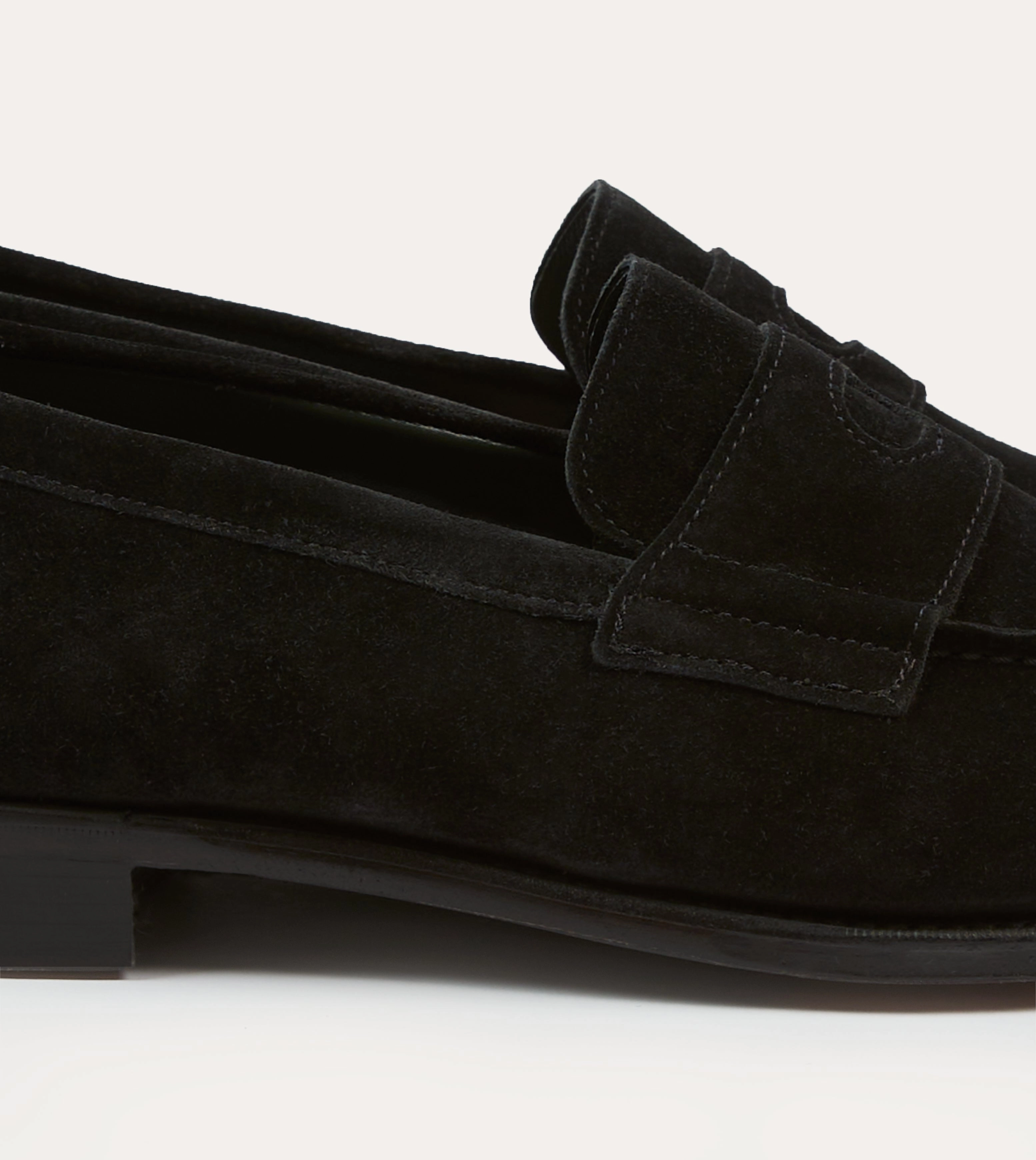 Drake's by A. Levine Black Suede Charles Mk II Goodyear Welted Penny Loafer Modern Trim Comfortable Footbed