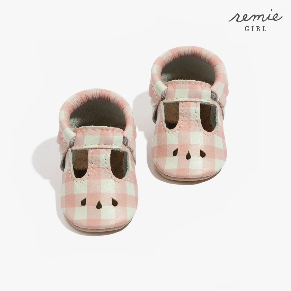 Melon Gingham Mary Jane Baby Shoe Leather kids' shoes Ventilation Holes System