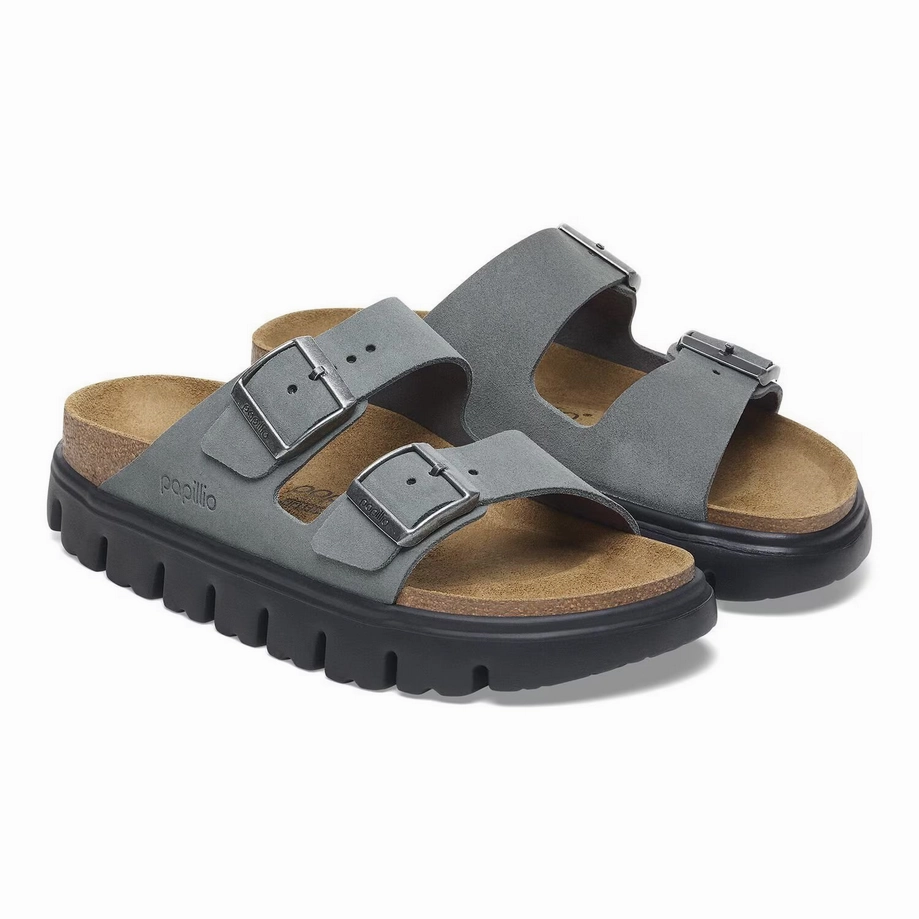 Papillio by Birkenstock Women's Arizona Chunky Sandal - Basalt Grey Suede Comfort Ready Sandals