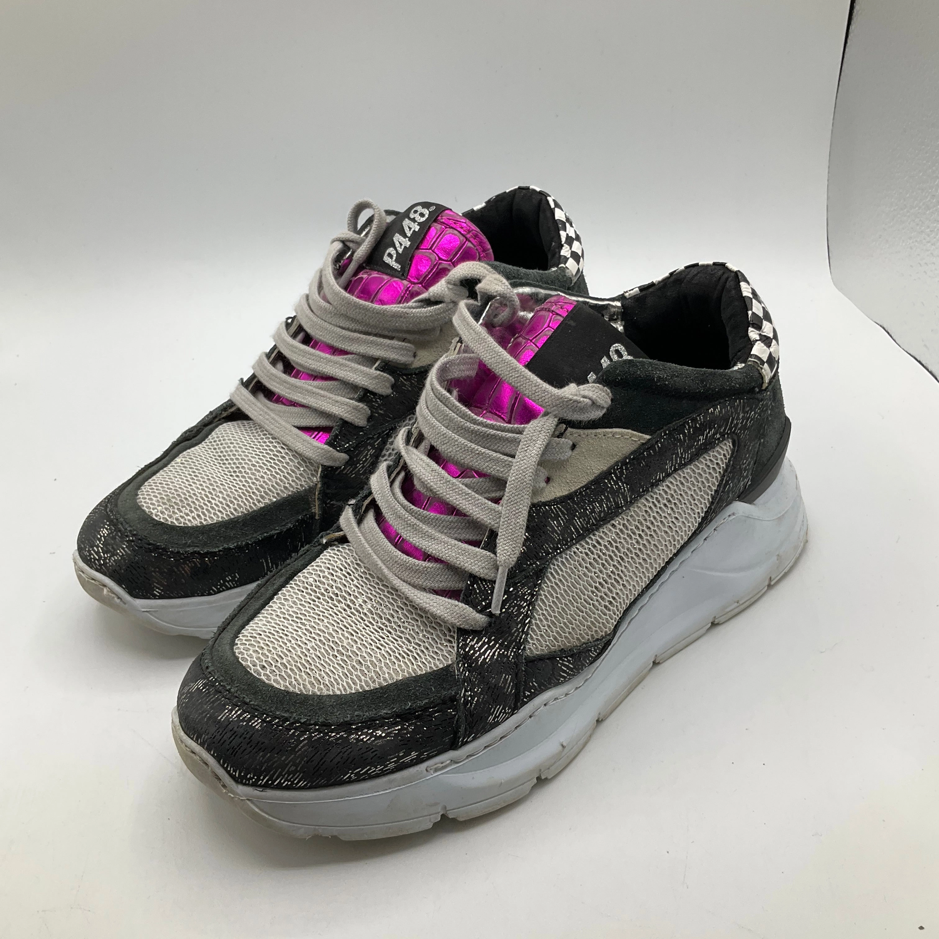 Streamlined Build Premium Leather Shoes Sneakers By P448 In Black & Grey, Size: 6.5