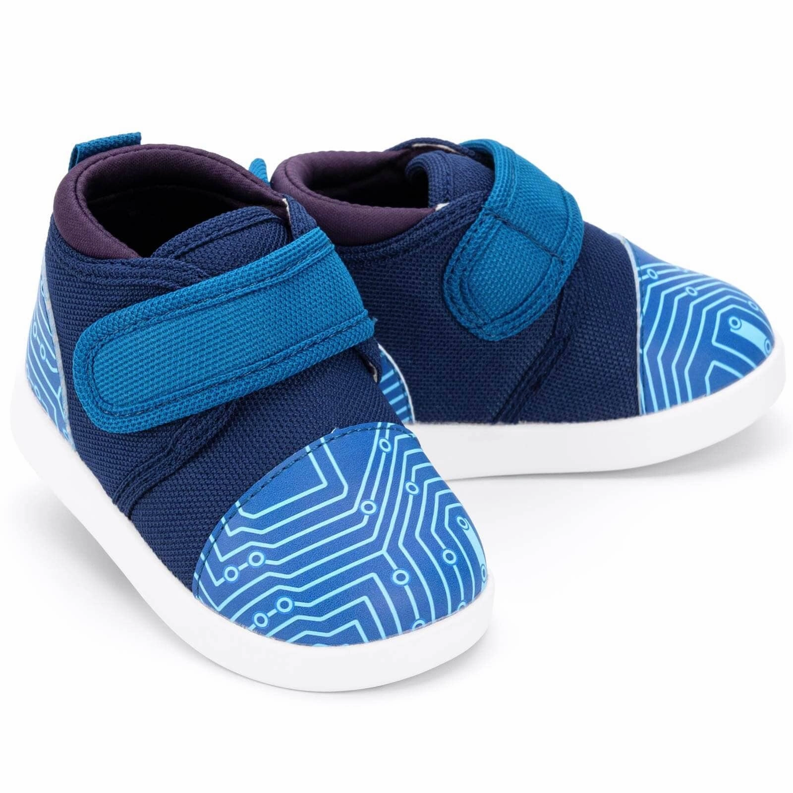 Foot Stability Cyber Stomp Squeakerless Toddler Shoes | Blue Circuit Board Pattern