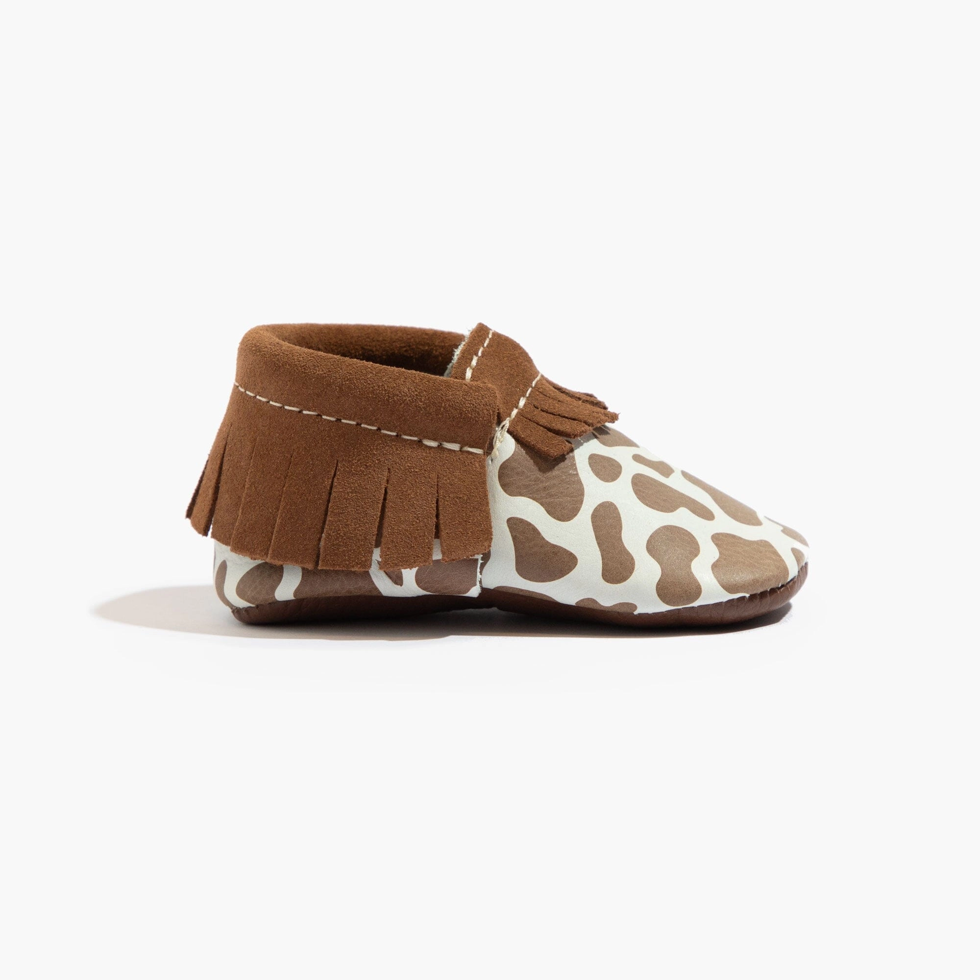 Suede Cow Print Moccasin Baby Shoe Vented Design