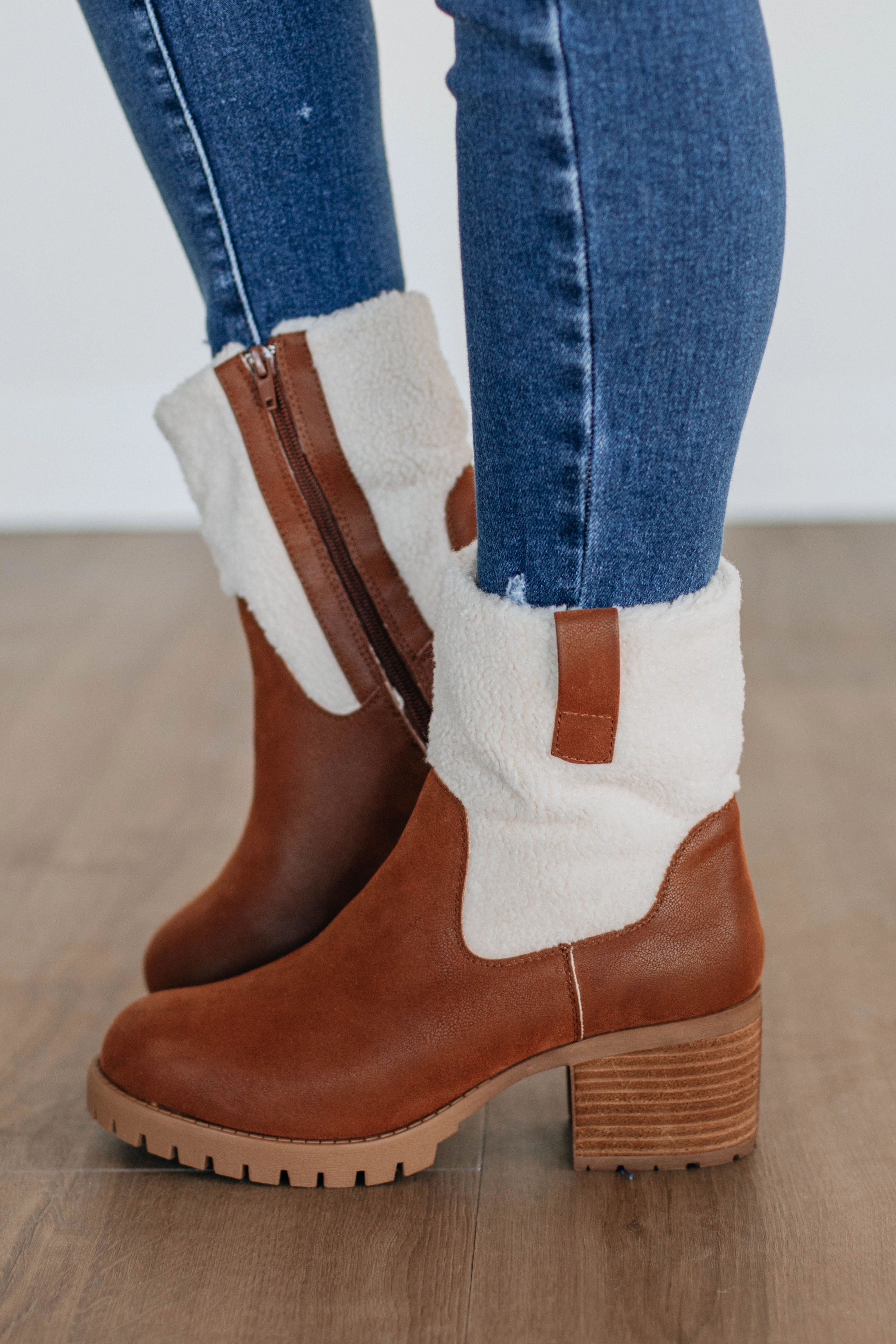 Thinking It Over Boots - Cognac Comfort Heel Tone Play