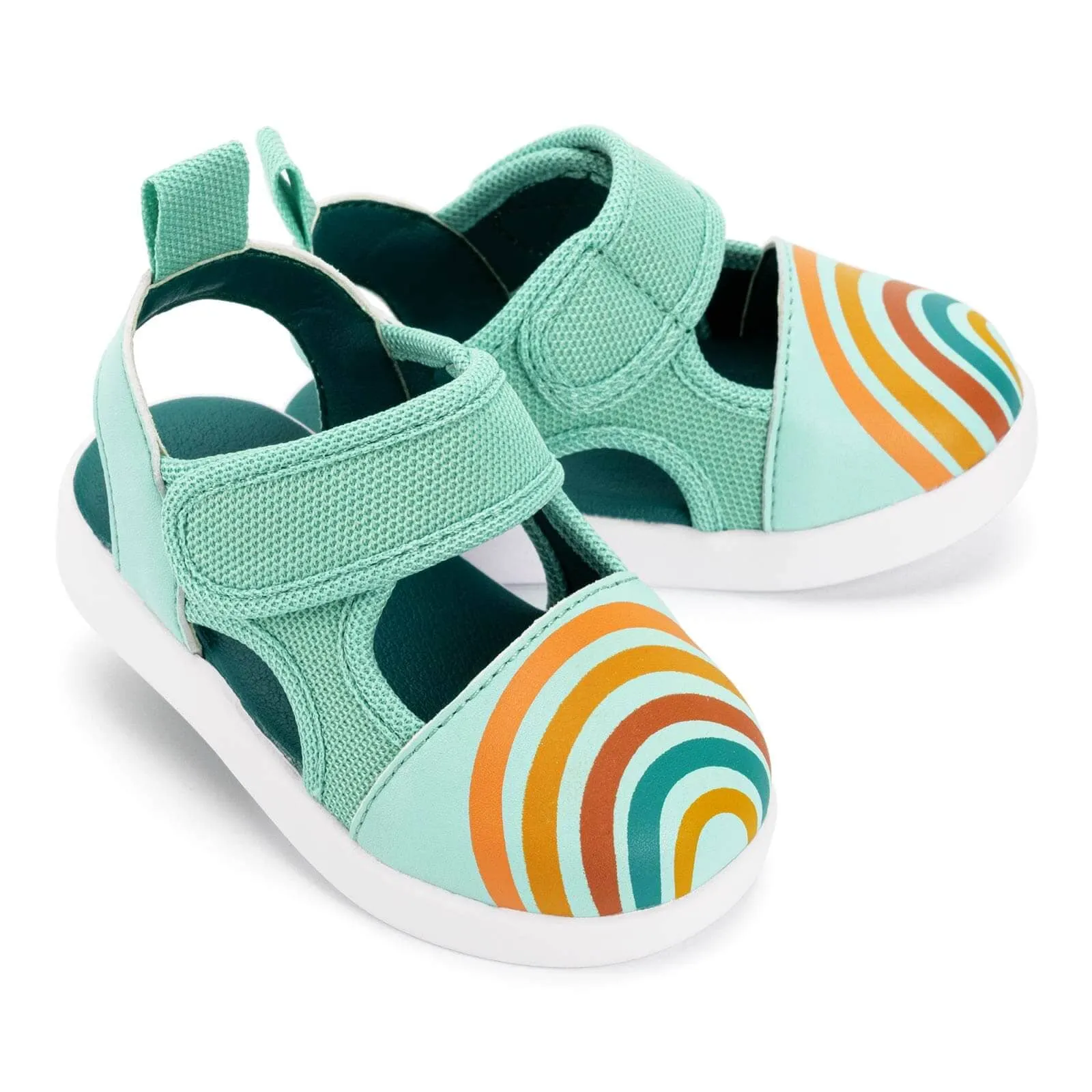 Vintage Rainbow Squeakerless Toddler Sandals | Teal Impact Resistant Toe Rubber Toe Guard
