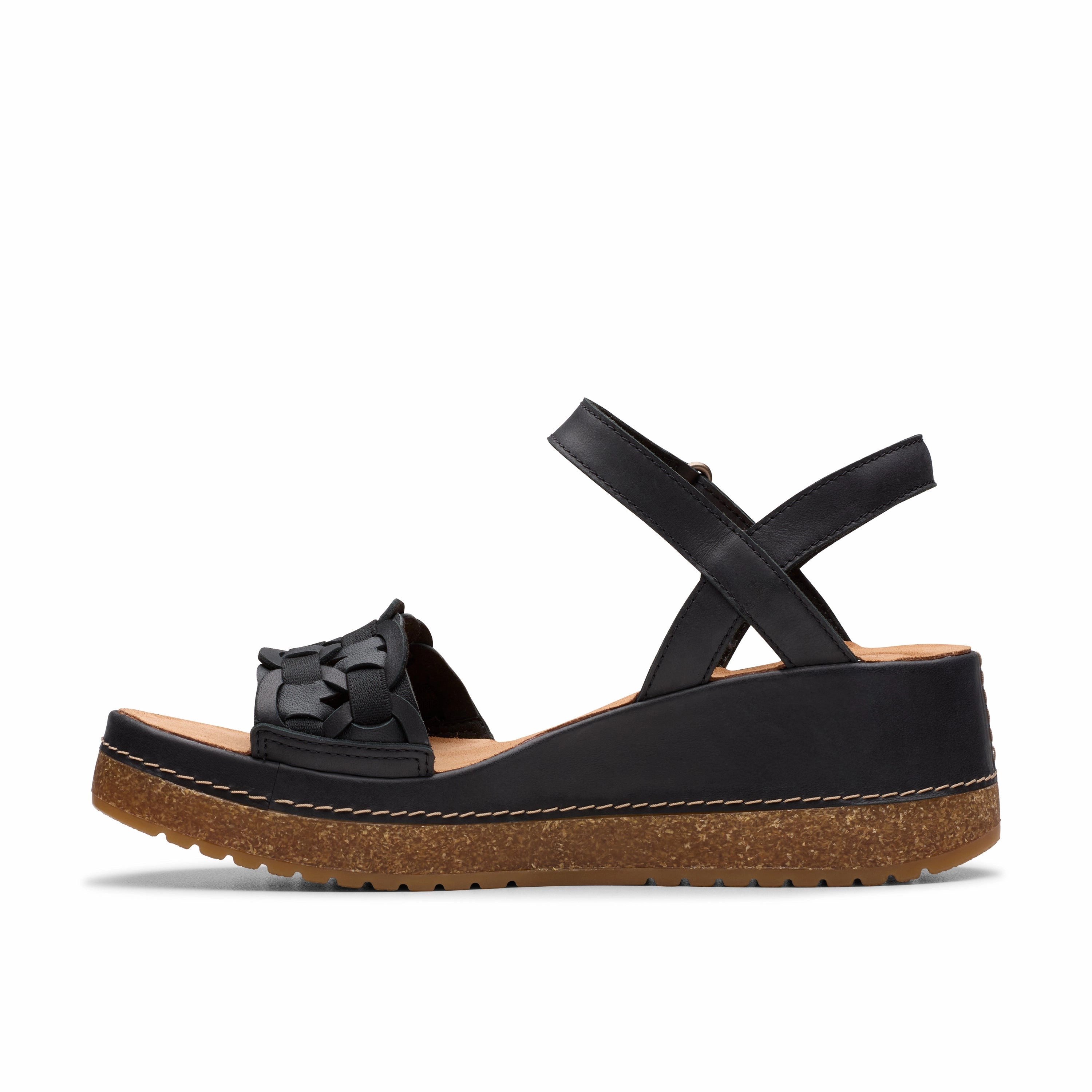 Clarks Women's Kassanda Bar Wedge Sandal - Black Wide Path Corner Style